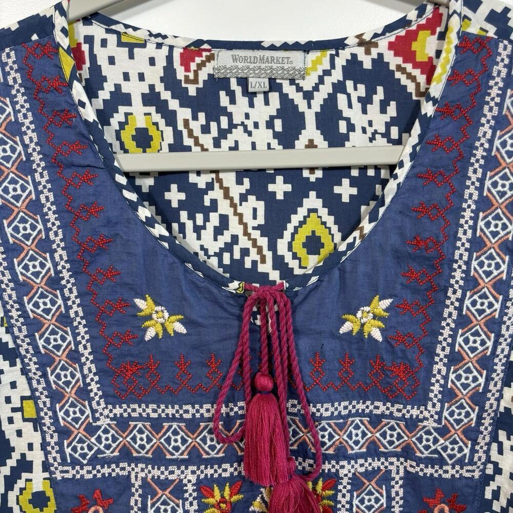 World Market Women L/XL Tunic Dress Embroidered Geometric Boho Tassel Aztec - Picture 2 of 7